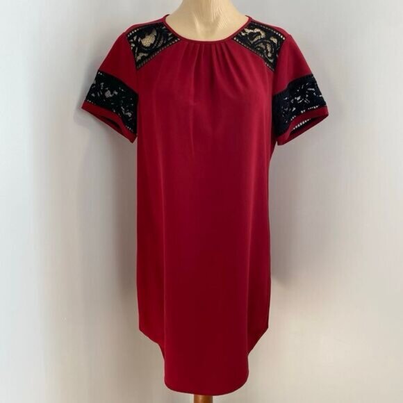 MICHAEL Michael Kors Women's M Red Black Lace Short Sleeve Shift Dress Knee - Picture 1 of 16